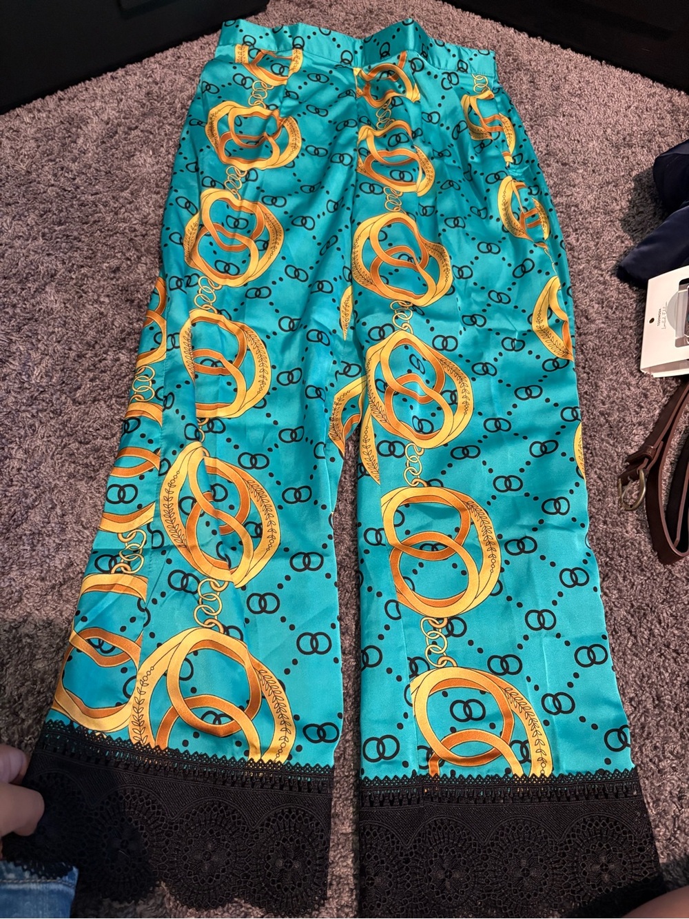Women's Teal Chain Print Wide-Leg Pants with Black Lace Trim